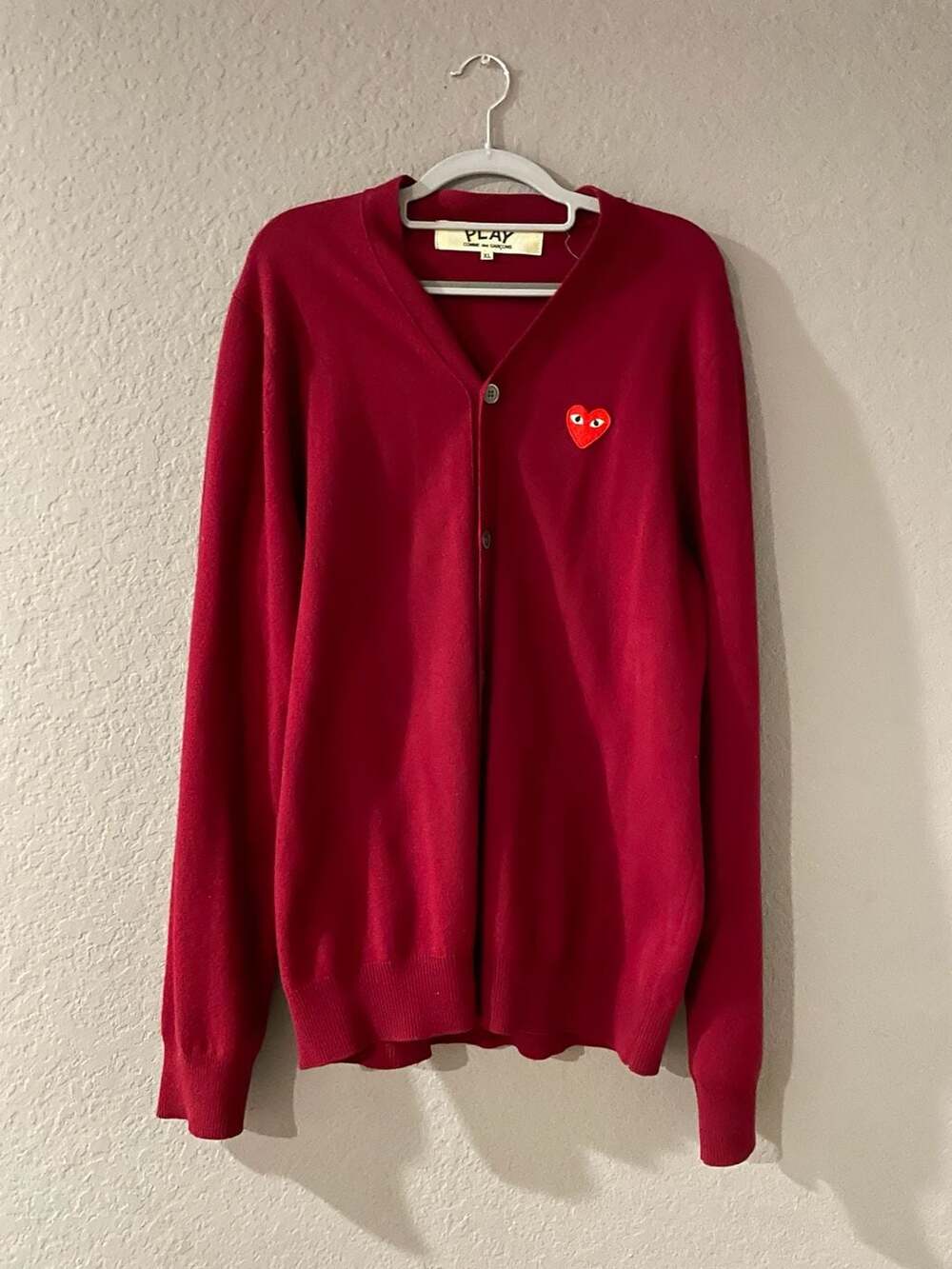 PLAY Comme des Garçons Red Heart Wool V-Neck Cardigan